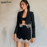 Free Shipping 2022 New Women's Suit Sexy Lapel Long Sleeve Diamond Tassel Short Jacket & Mini Skirt Diamond Tassel Two Piece
