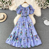 Summer Women Floral Chiffon Dress Vacation Beach Vestidos Female Elegant Slash Neck High Waist A-Line Midi Robe Bohemian