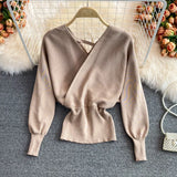 Women Design Knitted Pullovers Fashion Batwing Sleeve V Neck Elastic Slim Tops Autumn Korean Streetwear Knit