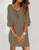 Wise Hot Style Autumn And Winter Simple Pure Color V-Neck Knit Long Sleeve Dress Women's Clothing-Outfit