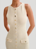 Summer New Round Collar Sleeveless Single Breasted High Waist Slim Party Banquet Long Dress-Outfit