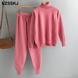 2022 2 Pieces Set Women Knitted Tracksuit Turtleneck Sweater + Carrot Jogging Pants Pullover Sweater Set CHIC Knitted