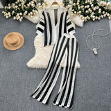 Women's Summer V-Neck Loose Knitted Cardigan Top + Broad Leg Trousers Set With Striped Hollow