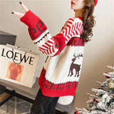 Autumn Winter Red Christmas Sweater Women's Deer Loose plus Size Fashion round Neck Pullover Long Sleeve Knitted Coat Women