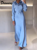 Blue Long Sleeve Ankle Length Dresses Women Silk Elegant Casual Loose Fashion Autumn New Women Dresses-Outfit