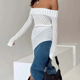 2025 New French Open Shoulder Long Sleeve Design Knitting Wool Repair Outside The Dress