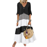 Summer V-Neck Short Sleeve Print Long Dress Button-Outfit