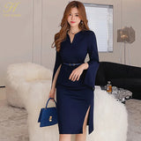 Han Queen New V-Neck Split Vintage Vestidos Simple Chic Work Wear Dress Women Office Bodycon Sheath Casual Pencil Dresses-Outfit