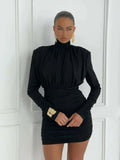 Turtleneck Long Sleeve Puff Pleated Mini Dress-Outfit