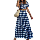 Toloer Spot 2023 Summer New Fashion Stand Collar Short Sleeve Bohemian Medium Long Plaid Dress-Outfit