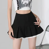 Patchwork Pleated Skirts Women Summer Japanese Preppy Ruffles Mini Skirts Y2K High Waist Kawaii All Match A Line Skirts-Outfit