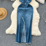Port Style Vintage Denim Dress Design With A Long Sling Dress In The
