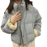 Korean Small Standing Collar Short Cotton Clothing Women's Winter 2024 New Sweet Bump Color Loose Bread Coat-Outfit