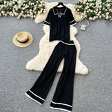 Version Of Retro Fashion Collar Collar Short-Sleeved Knitting Top + High-Waisted Casual Broad-Legged Trousers 2025 Summer