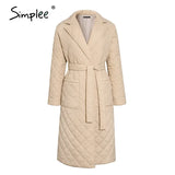 Simplee Long straight winter coat with rhombus pattern Casual sashes women parkas Deep pockets tailored collar stylish