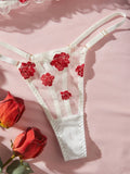 White Sheer Red Flower Embroidery Bra and Panties Lingerie Set-Outfit