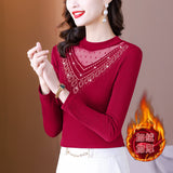 Toloer Photo # Autumn / Winter Long Sleeve And Velvet Top Women's High-End T-Shirt With A Versatile Lace Bottom Shirt-Outfit