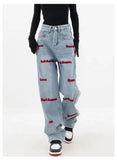and autumn plus size women embroidered straight jeans loose slim high waist floor mopping wide leg pants baggy jeans-Outfit