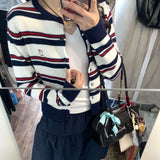Color Design Sense Retro Striped Knitted Cardigan Women's Spring And Summer College Style Sweater Tibetan Blue Short Skirt Two-Piece