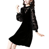 Velvet Dress Woman 2025 New Spring And Autumn Long Sleeves Chopped Flowers Retro Age-Old Light Style Chic