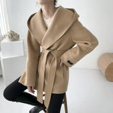 Chic Autumn French Temperament Hooded Pocket Design Strap Closed Waist Show Thin Pure Color Lapel Fur Coat-Outfit