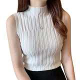 Women Ribbed Halter Tank Crop Tops Summer Spring 2023 Base T-shirt Harajuku Adults Sleeveless Solid Color Round Neck Knit Tops-Outfit
