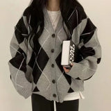 Argyle Print Oversized Preppy Cardigan-Outfit