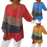 Women's New Casual Fashion Casing Loose Long-Sleeved V-Neck Digital Printed T-Shirt Top