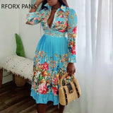 Women Chic Casual Long Sleeves All over Print Pleated Midi Sexy Dress-Outfit