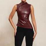 Toloer Women's 2024 New Leather Pile Collar Personality Closed Waist Oblique Hem Sleeveless Jacket Women's Vest-Outfit
