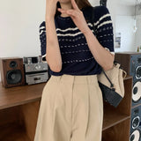 Version Of Chic Summer Small Casual Round-Coln Color Three-Dimensional Stripe Design Sense Loose Short-Sleeved Knitted T-Shirt