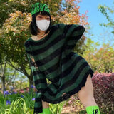 Toloer Long Punk Dark Match Broken Hole Torn Sweater Female Couple Striped Loose Niche Knit Woman-Outfit