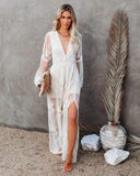 New Women's Lace Long-Sleeved V-Neck Solid Chiffon Summer