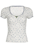 Sweet Cute Lace Trim Floral T Shirt Sexy Slim Patchwork Square Collar Short Sleeve Tees Women 2024 Summer Fashion Ladies-Outfit