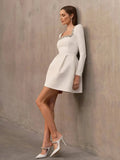 Square Collar Diamond Long Sleeves White Mini Dress-Outfit