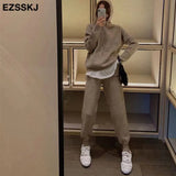 ins 2 Pieces Set Women Knitted Tracksuit hooded Sweater + Harem Pants Pullover 2021 Sweater Set CHIC Knitted hooded