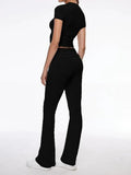 Short Sleeve Cropped Top Fold-over Flare Pants Set-Outfit
