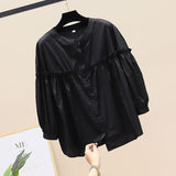 2025 Spring And Autumn Korean Version Of The Round-Necked Women's Shirt Age-Old Doll Shirt Fashion Casual Thin Nine-Sleeved Lace