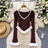 Striped Knitted Shirt Autumn Lotus Side Hem Horn Sleeves Slimmed Out Of The Bottom