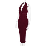 Burgundy Large Collar Halter Midi Dress-Outfit