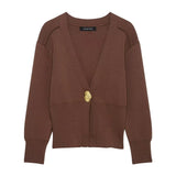 Temperament Metal Button Knitted Cardigan 2025 Spring Long Sleeve V Collar Short Coat