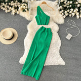 Purple Summer Women Solid 2 Piece One Shoulder Crop Top Tanks Slit Midi Skirt Set Bodycon Sexy Party Elegant