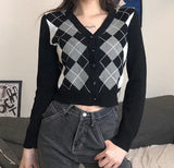 Cardigan Sweater Women 2022 Fall Winter Vintage V-Neck Plaid Sweater Fashion Long Sleeve Short Knitted Sweater England Style