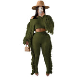 Toloer New Women's Wear Casual Solid Color Knit Long Sleeve Tassel Suit-Outfit