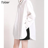 Women Big Size White Side Slit Blouse New Lapel Long Sleeve Loose Fit Shirt Fashion Tide Spring Autumn 2023