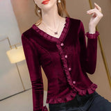 Womens T-shirt Spring Summer V-Neck Long Sleeve Solid Color Button Fashion Casual Tees Stylish Blouses Elegant Tops-Outfit