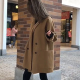 Women Woolen Double Breasted Long Trend Coat Za Autumn Winter Casual Long Sleeve Overcoat Loose Vintage Fashion Outwear
