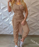 Women's Work-Packed Pocket Design Jumpsuit Sleeveless Backs And Trousers Simple Restraints Trousers +