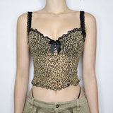 Toloer Hot Girl Leopard Print Mesh Gauze Bow Sling V Collar Lace Stitching Slim Wooden Ear Vest-Outfit