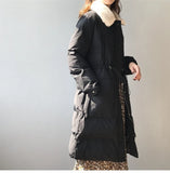 Faux rabbit fur collar women's winter down jacket long drawstring slim zipper ladies chic coat loose oversize outwear